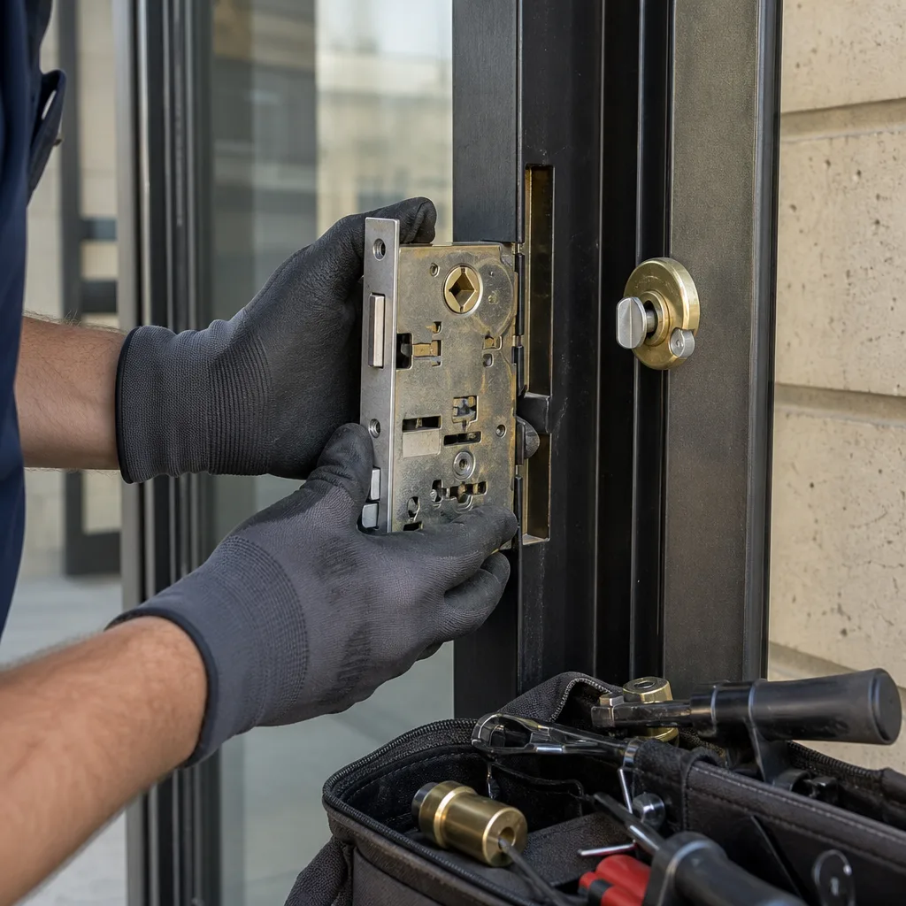 Professional locksmith installing a commercial mortise door lock mechanism