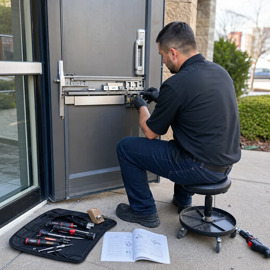 Professional commercial locksmith repairing a panic bar door mechanism